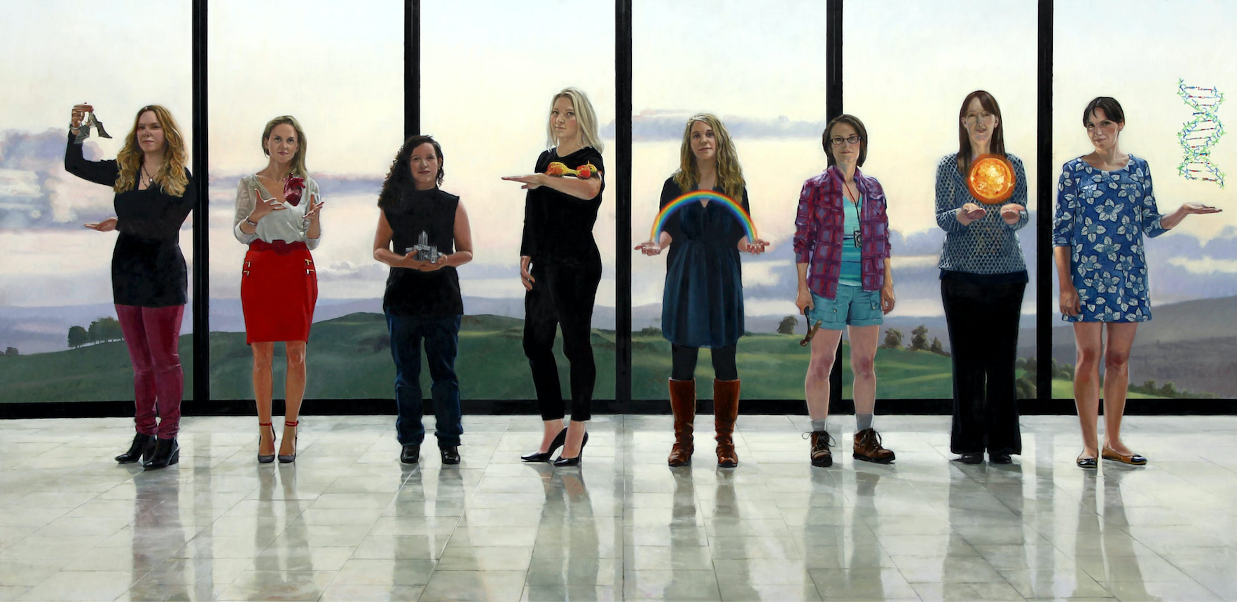 The centrepiece of Accenture's Women on Walls campaign, a large painting of eight women standing in various poses looking directly at the camera. Each holds an item related to their area of expertise.