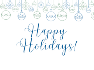 Illustration with blue and green baubles and the text 'Happy Holidays'