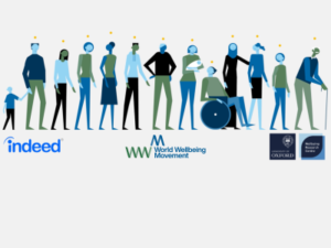 An illustration of 12 adults, one toddler, and a baby all in a line. Indeed, World Wellbeing Movement and Wellbeing Research Centre logos are pictured below the people