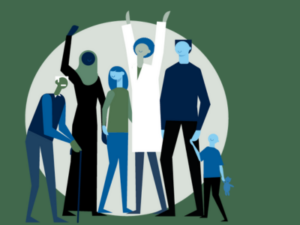 Illustrated people standing in front of a grey circle. The background of the image is dark green.