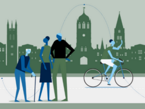 A flat-style vector illustration featuring four human figures in the foreground and a stylised city skyline in the background. The figures include two standing adults, one elderly person using a cane, and one child riding a bicycle. The skyline includes various buildings with spires, domes, and clock towers, resembling UK architecture. A dotted line arcs across the image, connecting points in the air from left to right. The colour palette consists primarily of blue, green, and grey tones. The scene is set on a road or pathway, indicated by a dashed center line.
