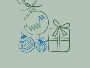 Bauble with WWM logo in centre, surrounded by presents and baubles.